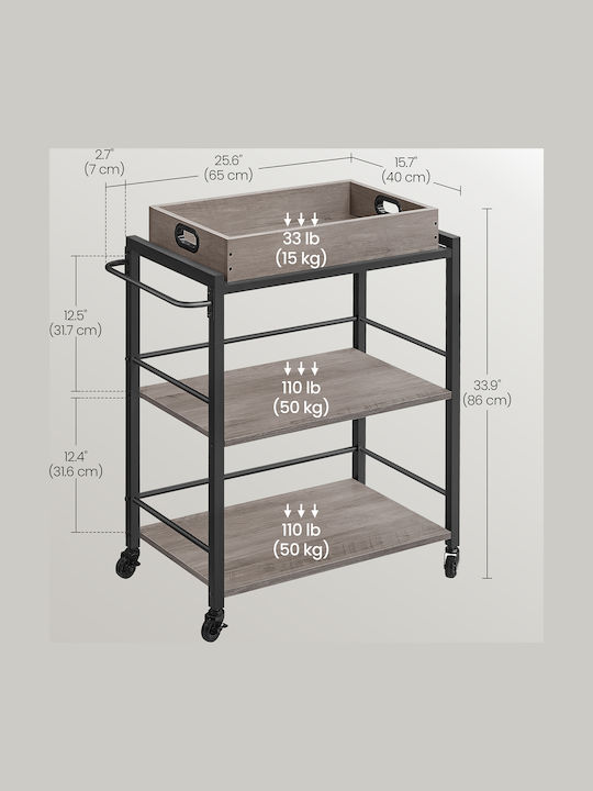 Vasagle Wooden Kitchen Trolley 3 Tiers Gray 65x40x86cm