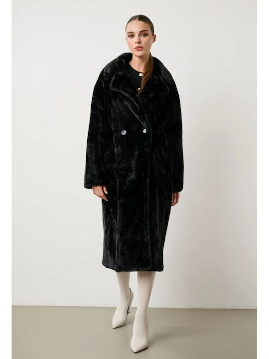 Women's Black Coat with Fur Details