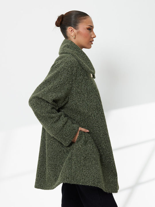 Wolle Damen Green Mantel Oversized mit Knöpfen