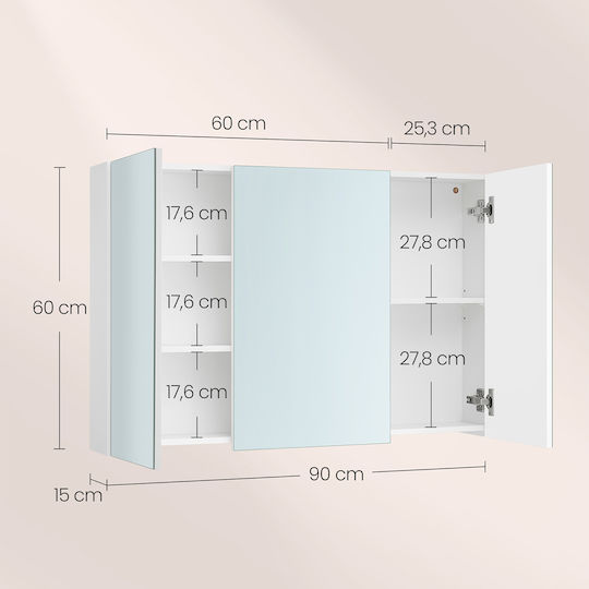 Vasagle Bathroom Mirror made of Particle Board with Shelf & Cabinet 90x15cm White