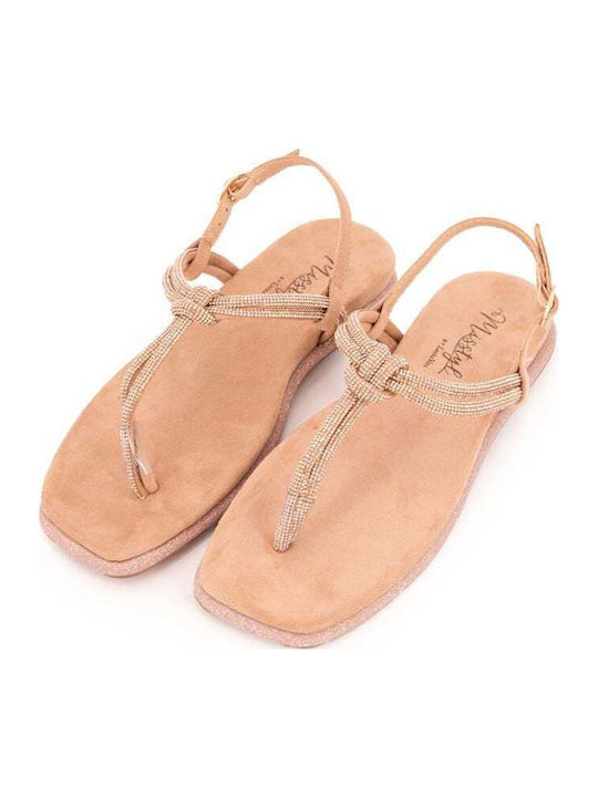 Leather Women's Flat Sandals in Beige Color
