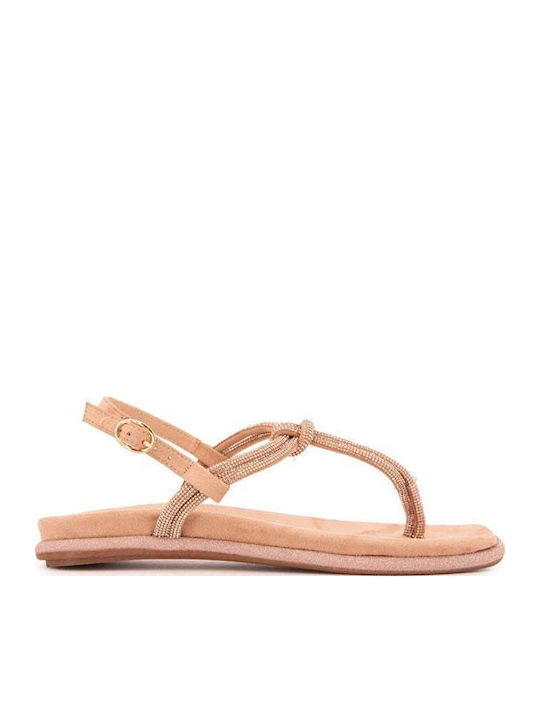 Leather Women's Flat Sandals in Beige Color