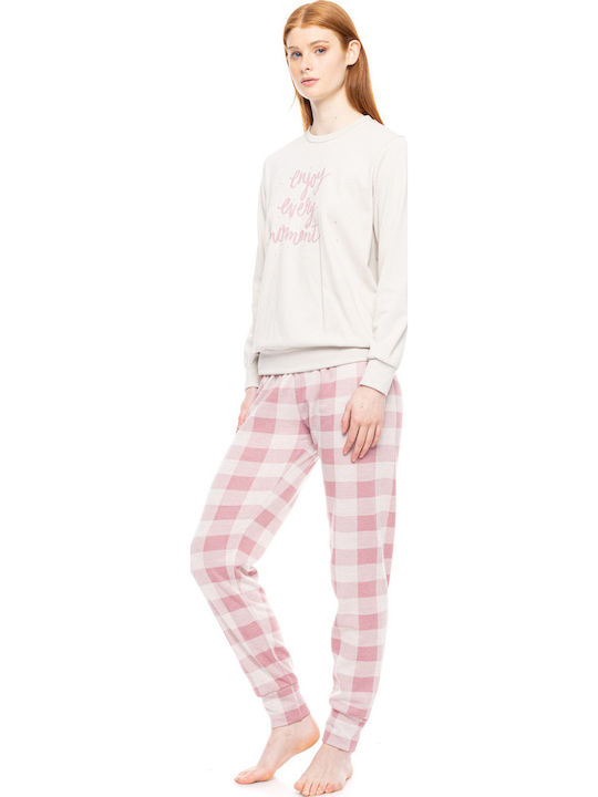 Pink Label Χειμερινό Γυναικείο Σετ Πιτζάμας Βαμβακερό Off White Pink Label Χειμερινό Γυναικείο Σετ Πιτζάμας Βαμβακερό Off White
