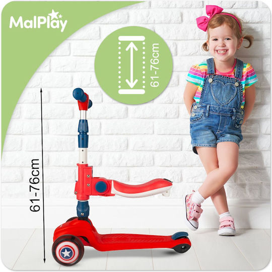 MalPlay Scuter Copii Pliabil 3 Roți Cu Iluminare LED Pentru 2+ Ani Roșu