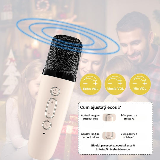 Set 2 Microfoane Karaoke Boxă Wireless Bluetooth Rgb Led Light Sunet Stereo 3D 5 Efecte Vocale Card Microsd Aux Petreceri Spectacole Copii Adulți Portabil Usb Cablu Type-c Inclus Crem