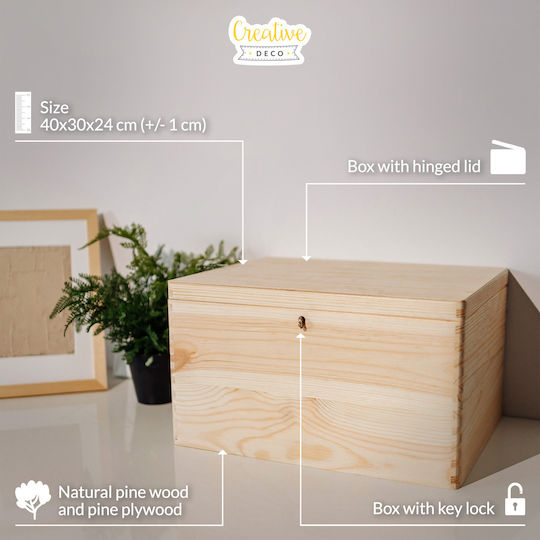 Креатив Деко XXL голяма дървена кутия с капак 40 x 30 x 24 см + 1 см без дръжки дървен сандък за документи, играчки, инструменти