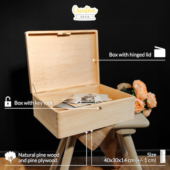 Cutie Mare din Lemn Creative Deco XL cu Capac și Încuietoare 40 x 30 x 14 cm + 1 cm Fără Mânere Cufăr din Lemn pentru Documente Jucării Unelte