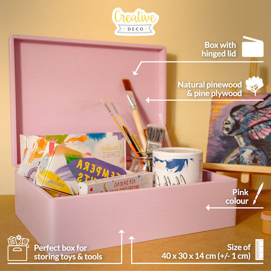 Creative Deco Xl Pink Large Wooden Storage Box Lid 40 X 30 X 14 Cm + 1 Cm No Handles Decorative Chest Perfect Documents Keepsakes Toys Tools