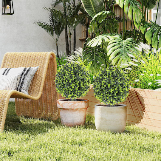 Homcom Set of 2 Artificial Plants Artificial Buxus Balls Base for Indoor Outdoor Spaces UV Resistant Green