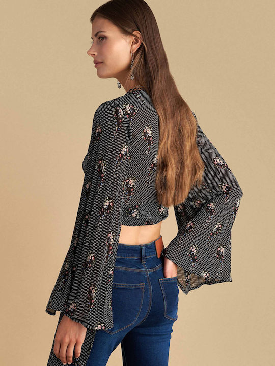 Bluză Damă Mânecă Lungă Floral Neagră