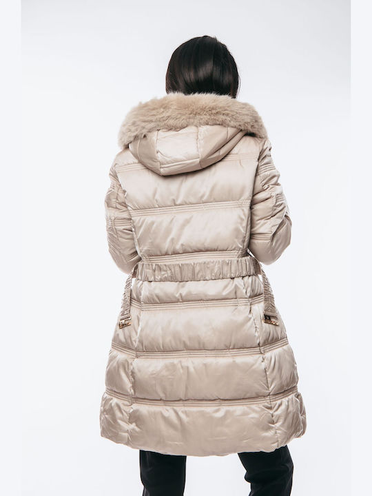 Women's Long Lifestyle Jacket for Winter with Detachable Hood Beige