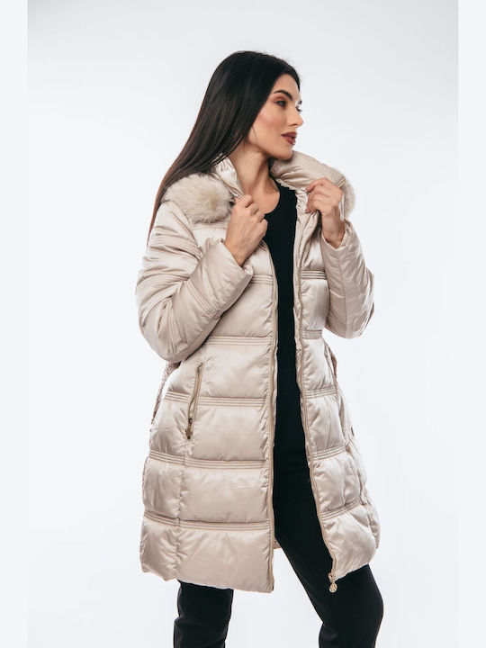 Women's Long Lifestyle Jacket for Winter with Detachable Hood Beige