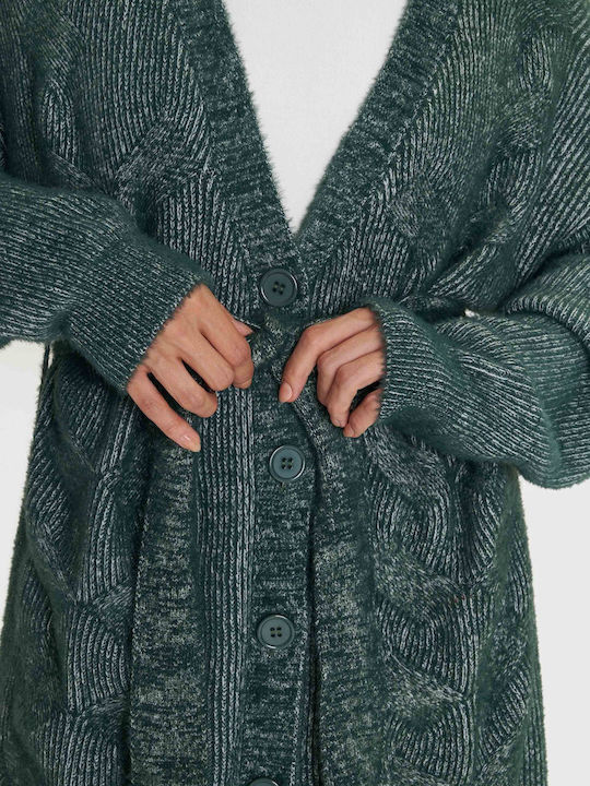 Long Women's Knitted Cardigan with Buttons Green
