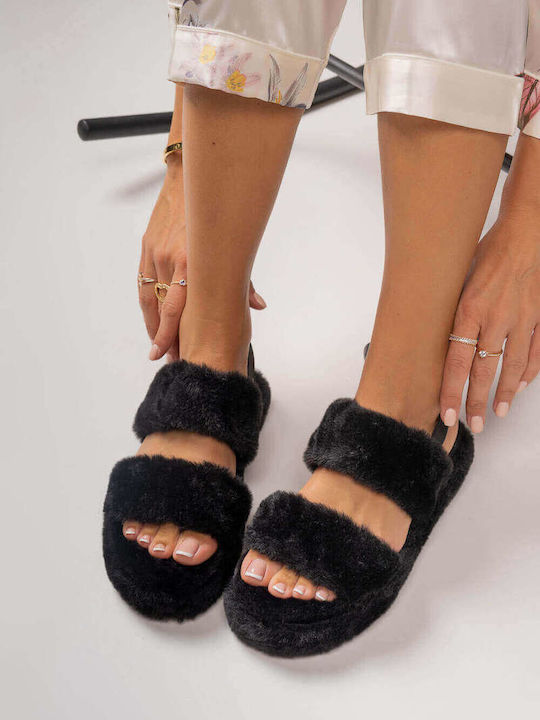 Black Fur Slippers Two Straps
