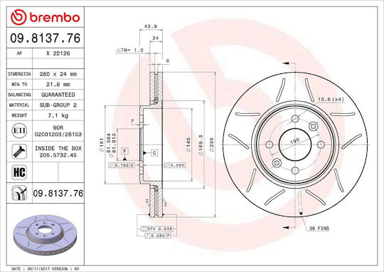 Disc de frână Brembo 09813776 pentru Renault Clio II BB0/1/2 CB0/1/2