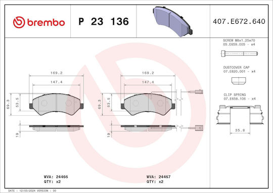 Brembo Brake Pad Front for Citroen Jumper Fiat Ducato Opel Movano Peugeot Boxer