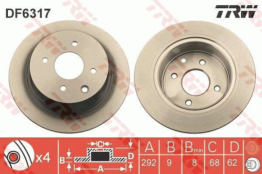 Rear Brake Disc Right Left Nissan Cube Tiida 1.5-1.8 01.03 Trw 292mm 62mm 9mm 4 Holes 114.3mm 68mm Black