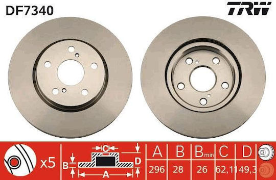 Front Right and Left Brake Disc Trw Ventilated Lexus IS C II III 2.2d-3.0 Diameter 296mm Thickness 28mm Black 5 Holes