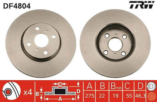 Trw Automotive Brake Disc Front Right and Left Toyota Corolla Yaris 1.0-1.8 275mm 22mm 4 Ventilated Holes Coated