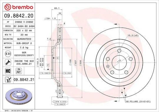 Brake Disc Audi A6 Avant 4f5 C6 Brembo 09884221