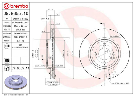 Mini Mini Cabriolet R52 Brake Disc Brembo 09865511