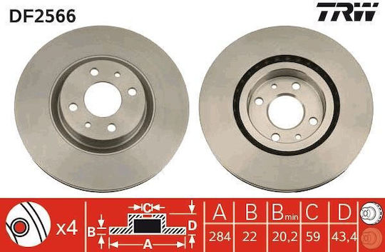 Front Brake Disc Right Left Trw Automotive 284mm 43.5mm 22mm 4 Ventilated Holes for Abarth Alfa Romeo Fiat