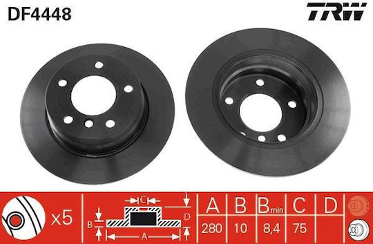 Trw Automotive Rear Right Left Brake Disc Bmw 1 E81/e87 280mm 5 Holes 10mm Thickness 75mm Centering 06.04-12.11