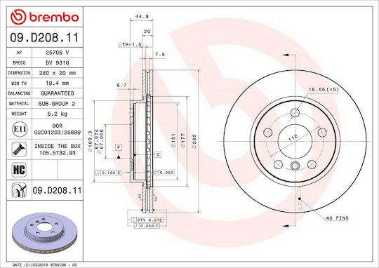 Disc De Frână Brembo Bmw I3 I01 280mm Ventilat Intern 5 Gauri 20mm Grosime Șuruburi