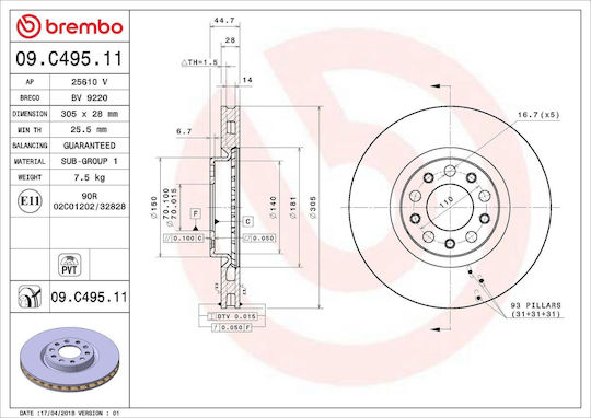 Brembo Brake Disc Front Right Left Alfa Romeo Giulia 2.0/2.2d 10.15 Diameter 305mm Thickness 28mm 5 Holes Ventilated Internal
