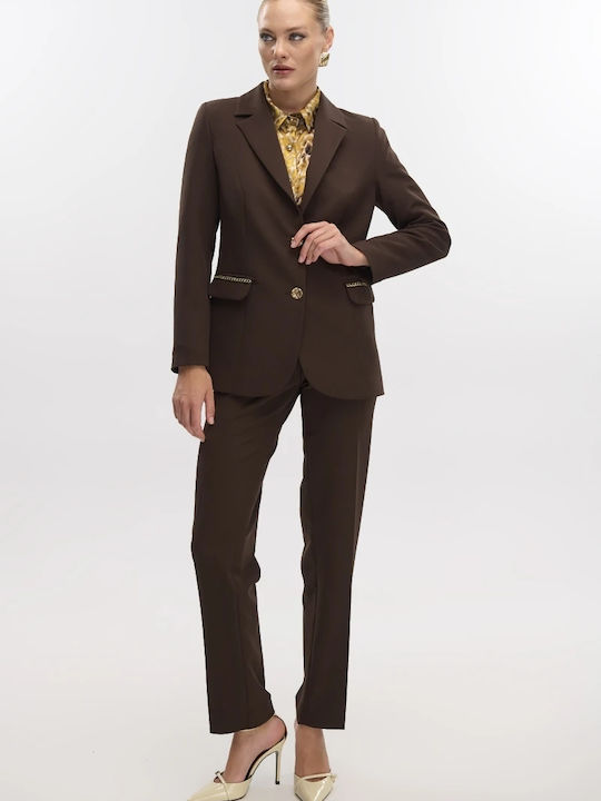 Dama Talie înaltă Tesatura Pantaloni cu Elastic cu Croială Normală Brown