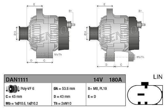 Denso Алтернатор 14v 180a 53.8mm Jaguar Xf I Xf Sportbrake Ленд Роувър Рейндж Роувър Ивок 2.2d 04.11-12.19