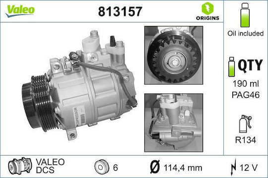 Valeo Air Conditioning Compressor Mercedes C Class 204 2007> Dcs 12v R134a Pulley 114.4mm Pag Oil 46 190ml 6 Grooves