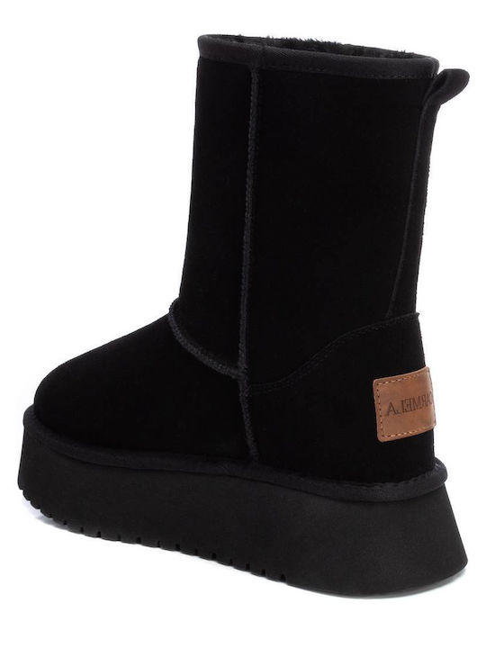 Suede Women's Ankle Boots with Fur Black