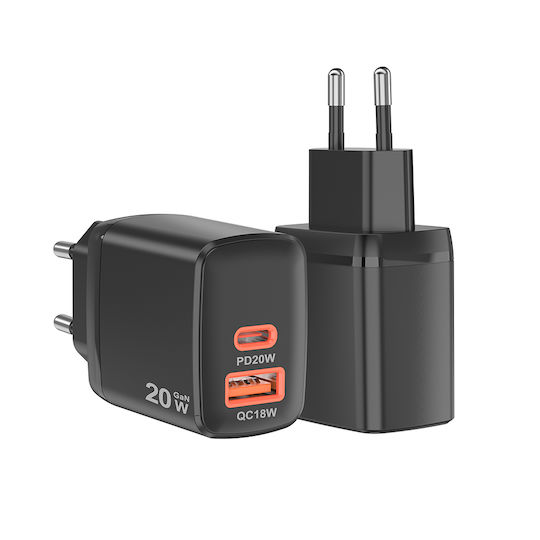 Techsuit Ladegerät ohne Kabel GaN mit USB-A Anschluss und USB-C Anschluss 20W Schwarzs (CH2)
