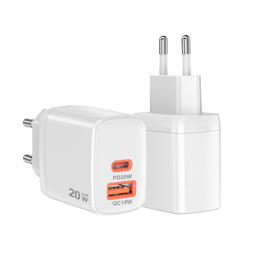Techsuit Charger Without Cable GaN with USB-A Port and USB-C Port 20W Whites (CH2)