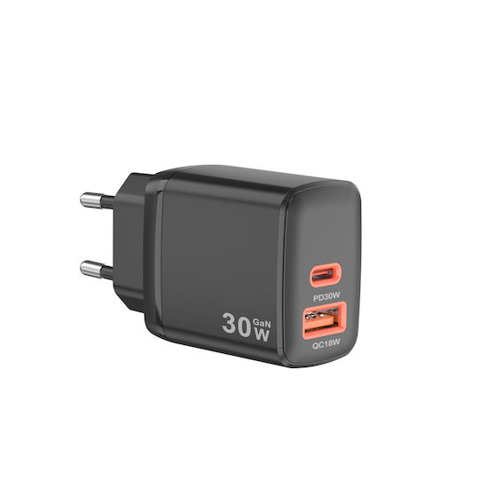 Techsuit Charger Without Cable GaN with USB-A Port and USB-C Port 30W Power Delivery Blacks (CH1)
