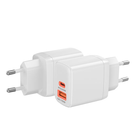 Techsuit Charger Without Cable GaN with USB-A Port and USB-C Port 20W Whites (CH2)
