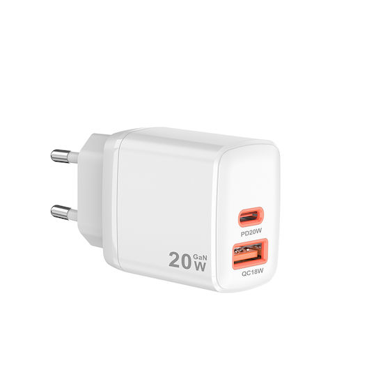 Techsuit Charger Without Cable GaN with USB-A Port and USB-C Port 20W Whites (CH2)