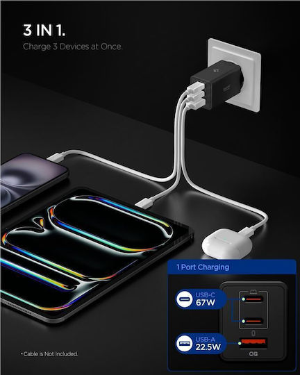 Spigen Φορτιστής Χωρίς Καλώδιο με Θύρα USB-A και 2 Θύρες USB-C 67W Power Delivery Μαύρος (Essential)