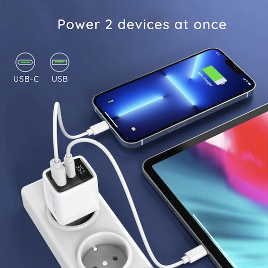 Techsuit Charger Without Cable GaN with USB-A Port and USB-C Port 35W Power Delivery Whites (CH3)