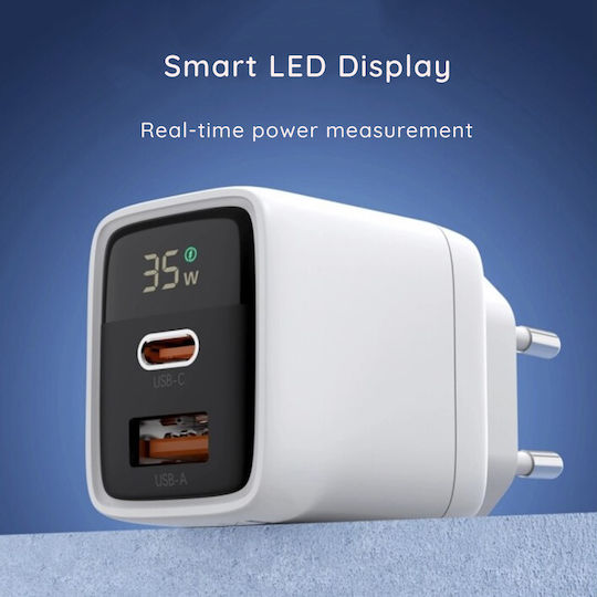 Techsuit Charger Without Cable GaN with USB-A Port and USB-C Port 35W Power Delivery Whites (CH3)