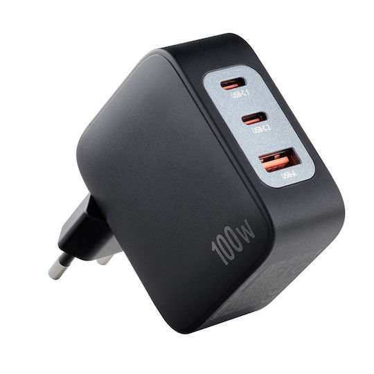 Intenso Φορτιστής GaN με Θύρα USB-A και 2 Θύρες USB-C 100W Power Delivery Μαύρος (7810010)