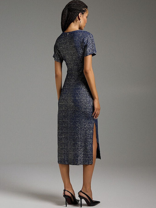 Midi Βραδινό Φόρεμα με Σκίσιμο Blue Navy