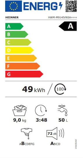 Heinner Πλυντήριο Ρούχων 9kg 1400 Στροφών Ασημί HWM-M914IVNSA+++