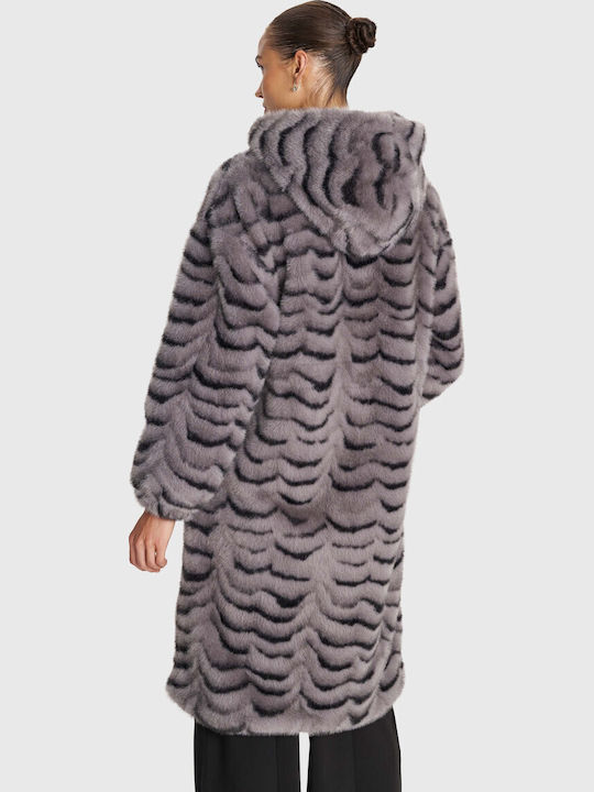 Women's Gray Coat with Fur Details