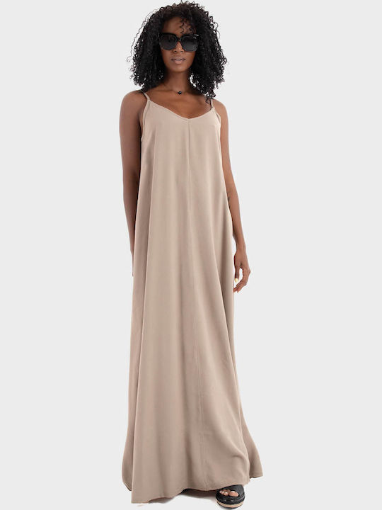 Fungi Sommer Maxi Damenkleid Dunkelbeige