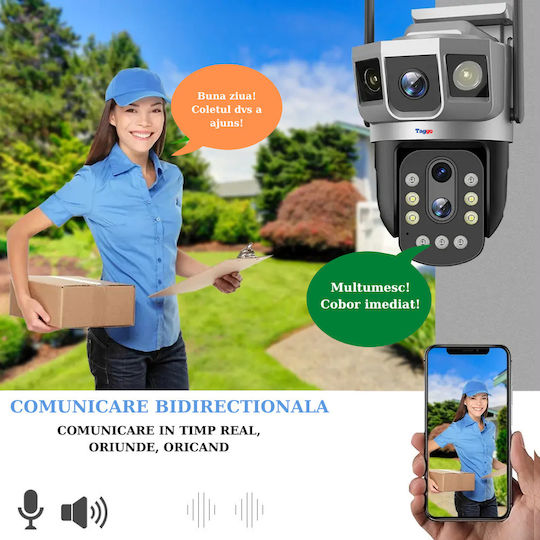 Taggo Camere de Supraveghere WiFi Cu 3 Lentile 6K 12MP Zoom Optic 10x Notificări Control prin Aplicație Urmărire Automată
