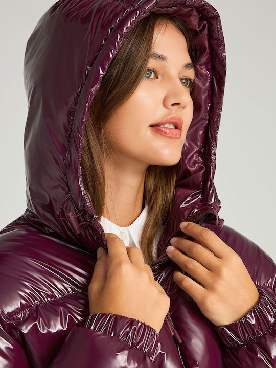 Women's Puffer Jacket for Winter with Hood Burgundy