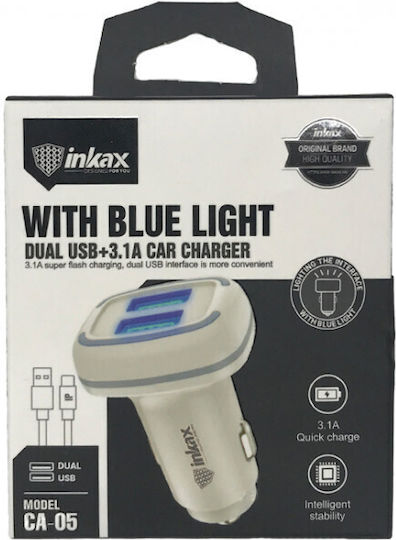 Inkax Φορτιστής Αυτοκινήτου με Θύρες: 1xUSB 1xType-C Λευκό Χρώμα