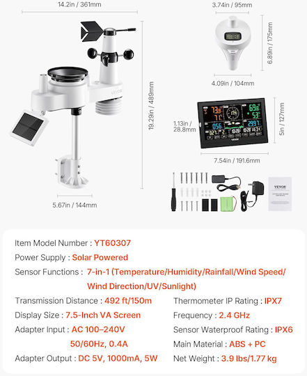 Vevor TYNQXZWIFI75Q7O2N001V2 Ασύρματος Μετεωρολογικός Σταθμός Ψηφιακός Επιτραπέζιος